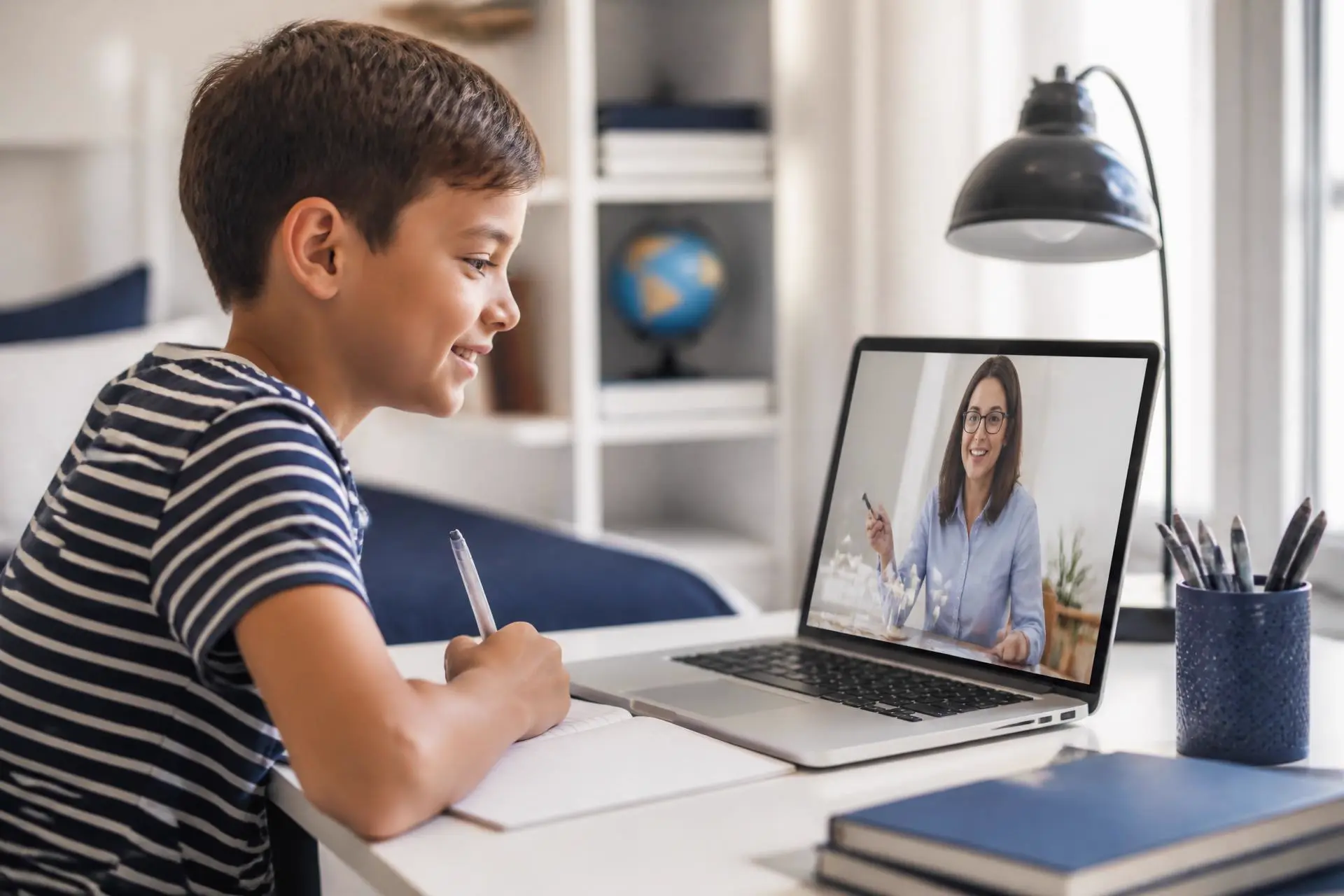 A professional educator teaching a school-age child through a laptop at home